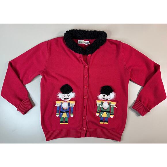 VTG Collections Etc Womens M Nutcracker Christmas Cardigan Sweater Red Embellish - Picture 1 of 11